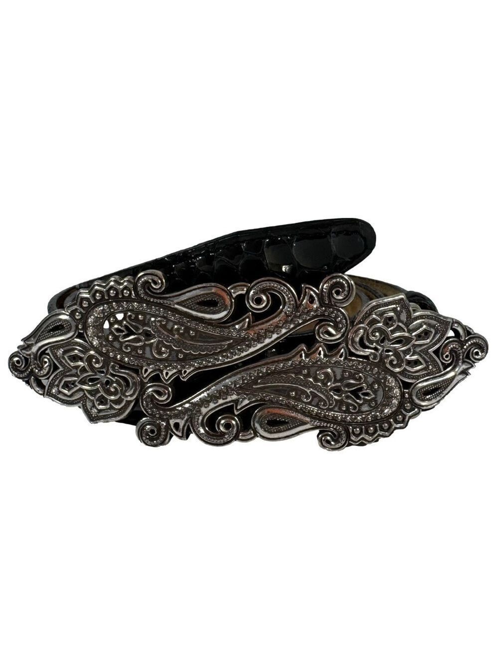 Vintage Brighton Leather Belt Sz 32 Black Large Silver Plated Buckle Snakeskin